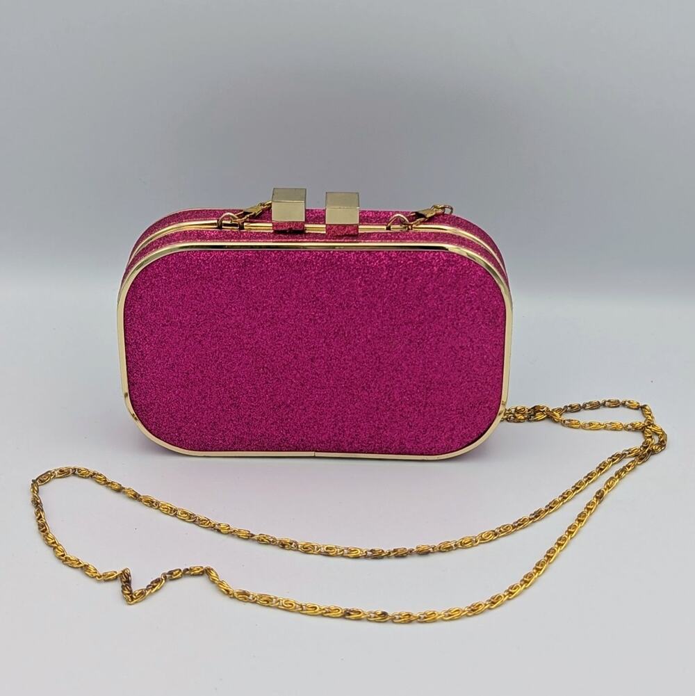 Hot Pink Glitter Box Clutch Purse | Gold Chain Evening Bag | Barbiecore Handbag